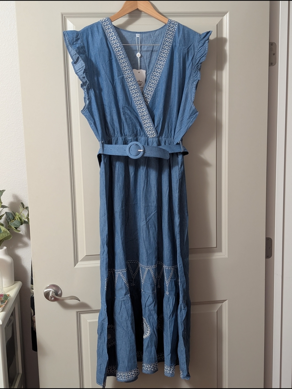 Blue Denim Embroidered V-Neck Belted Maxi Dress